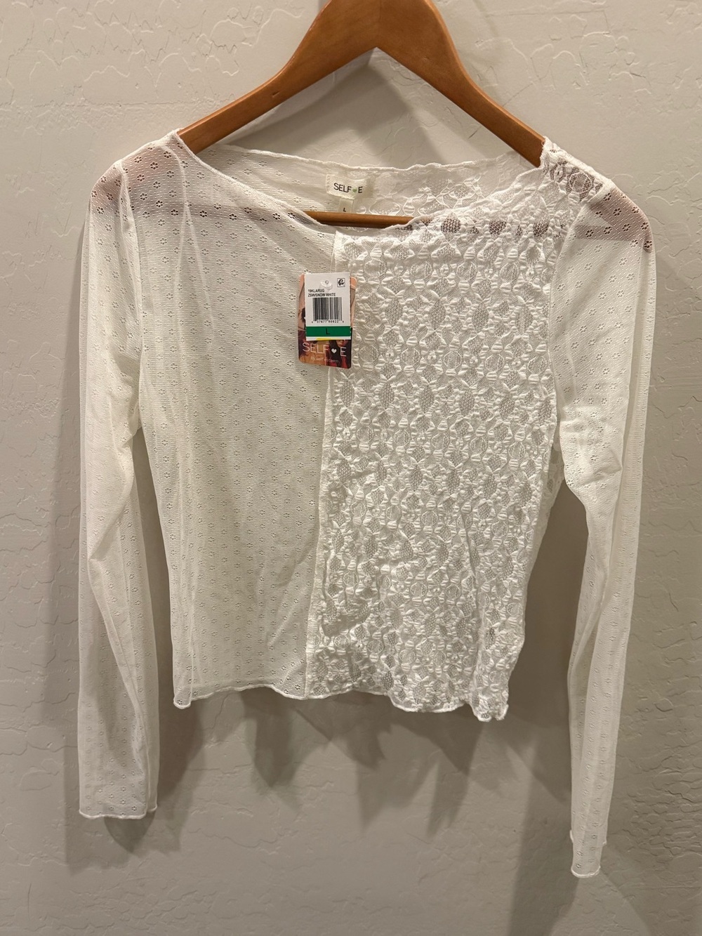NWT Self Esteem Asymmetrical Mesh & Lace Long Sleeve Top Size L
